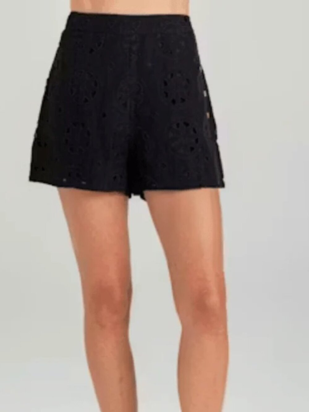 Eyelet Cotton Linen Shorts in Black - Size Small